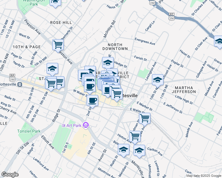 map of restaurants, bars, coffee shops, grocery stores, and more near 401 East Market Street in Charlottesville