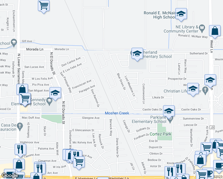 map of restaurants, bars, coffee shops, grocery stores, and more near 9035 Warm Springs Cir in Stockton
