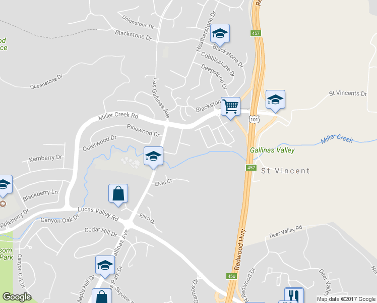 map of restaurants, bars, coffee shops, grocery stores, and more near 206 Roundtree Way in San Rafael
