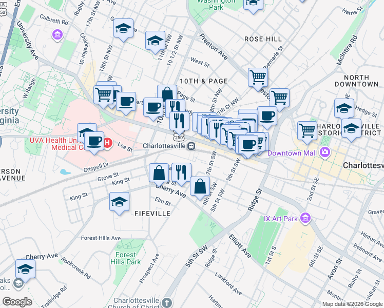 map of restaurants, bars, coffee shops, grocery stores, and more near 765 Walker Square in Charlottesville