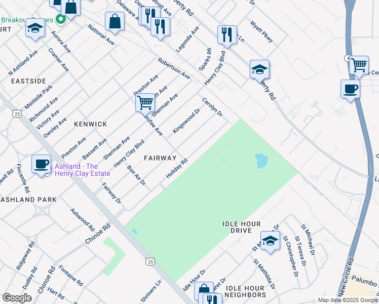 map of restaurants, bars, coffee shops, grocery stores, and more near 405 Holiday Road in Lexington