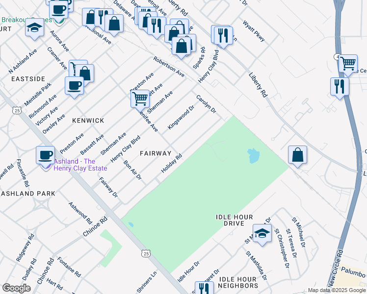 map of restaurants, bars, coffee shops, grocery stores, and more near 405 Holiday Rd in Lexington