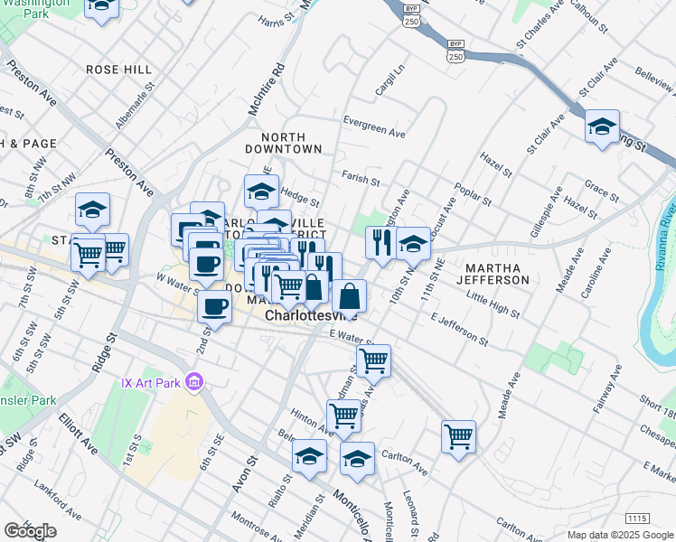 map of restaurants, bars, coffee shops, grocery stores, and more near 802 East Jefferson Street in Charlottesville