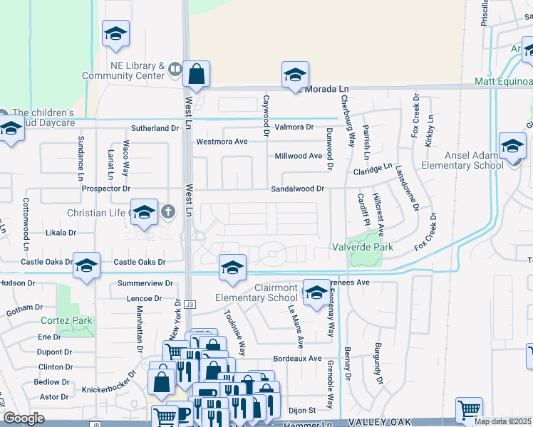 map of restaurants, bars, coffee shops, grocery stores, and more near Embassy Street in Stockton