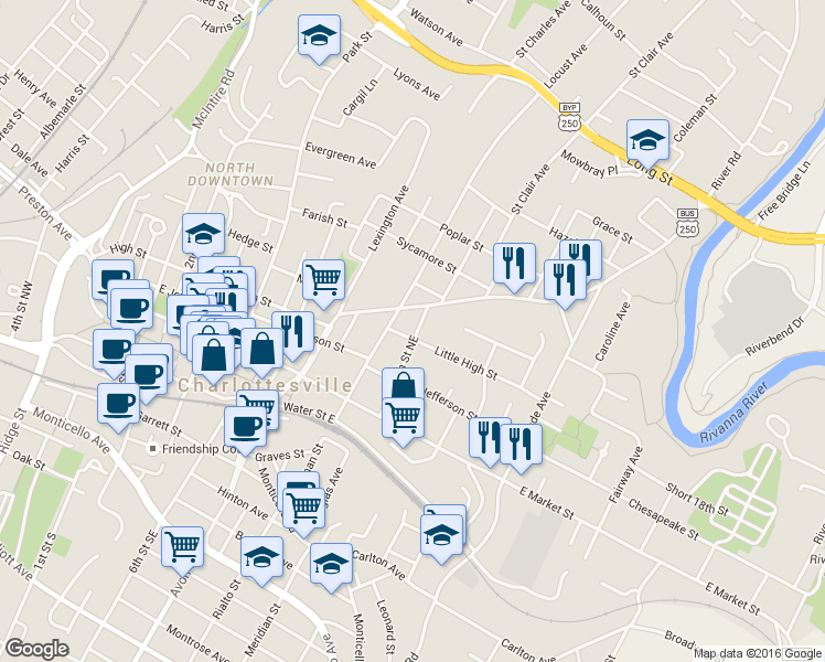map of restaurants, bars, coffee shops, grocery stores, and more near 1013 Little High Street in Charlottesville