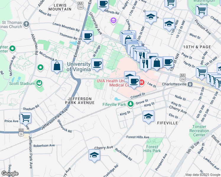 map of restaurants, bars, coffee shops, grocery stores, and more near 429 Monroe Lane in Charlottesville
