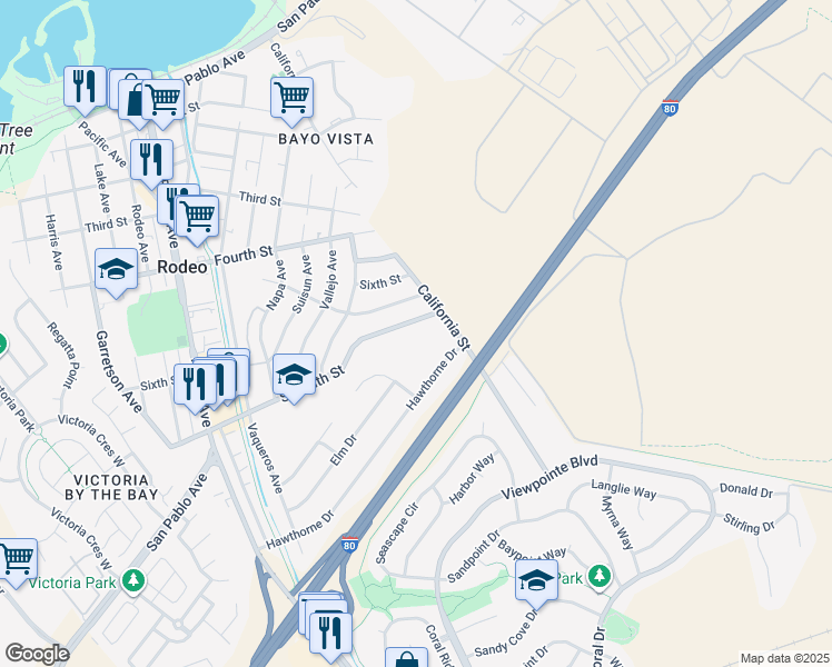 map of restaurants, bars, coffee shops, grocery stores, and more near 1371 Seventh Street in Rodeo