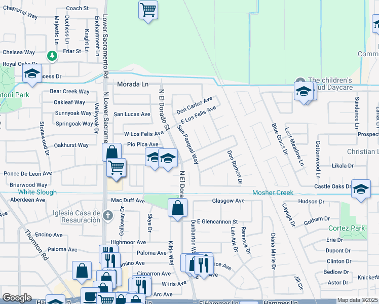 map of restaurants, bars, coffee shops, grocery stores, and more near 8735 San Pasqual Way in Stockton