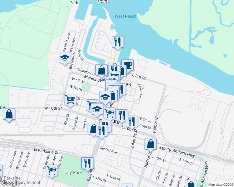 map of restaurants, bars, coffee shops, grocery stores, and more near 130 East 6th Street in Pittsburg