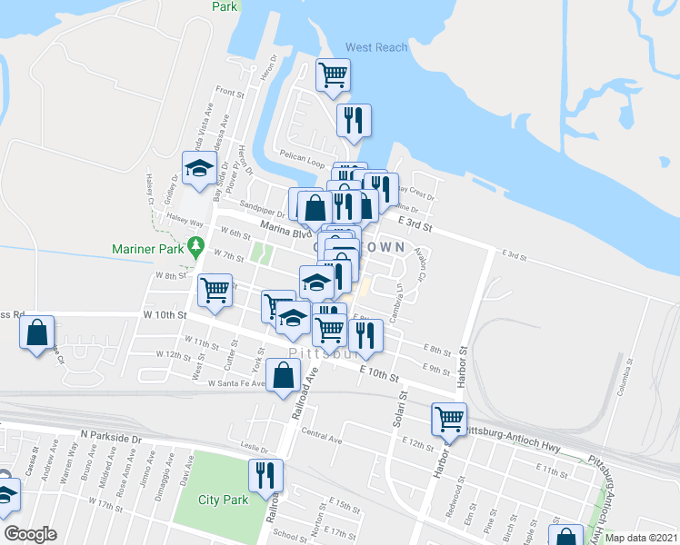 map of restaurants, bars, coffee shops, grocery stores, and more near 630 Railroad Avenue in Pittsburg