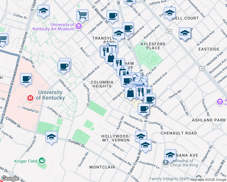 map of restaurants, bars, coffee shops, grocery stores, and more near 616 Baldwin Avenue in Lexington