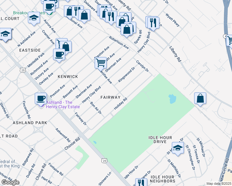 map of restaurants, bars, coffee shops, grocery stores, and more near 365 Queensway Drive in Lexington