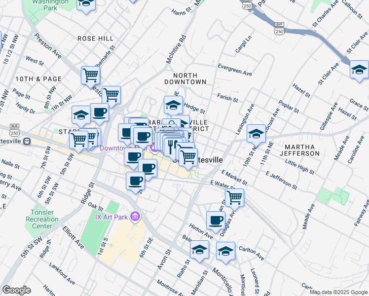 map of restaurants, bars, coffee shops, grocery stores, and more near 401 East Market Street in Charlottesville