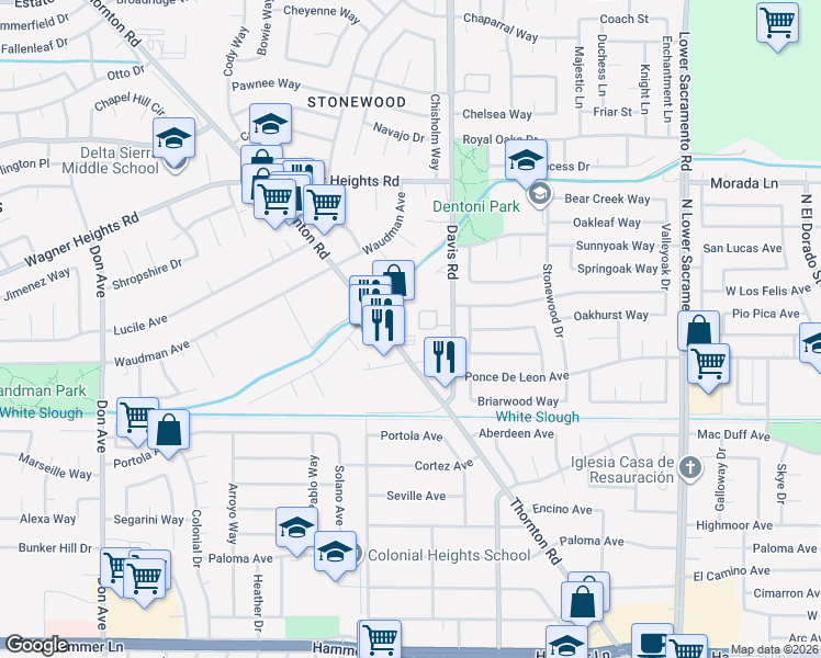 map of restaurants, bars, coffee shops, grocery stores, and more near 8900 Thornton Road in Stockton