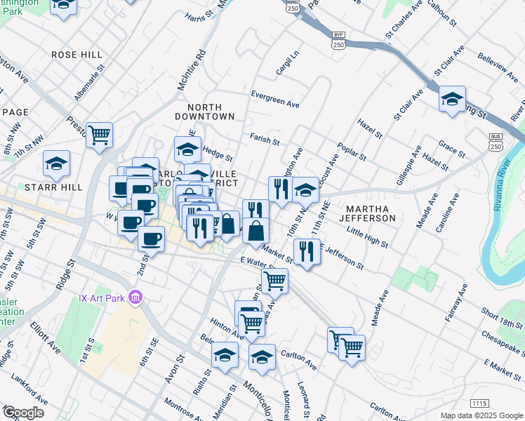map of restaurants, bars, coffee shops, grocery stores, and more near 818 U.S. 250 Business in Charlottesville
