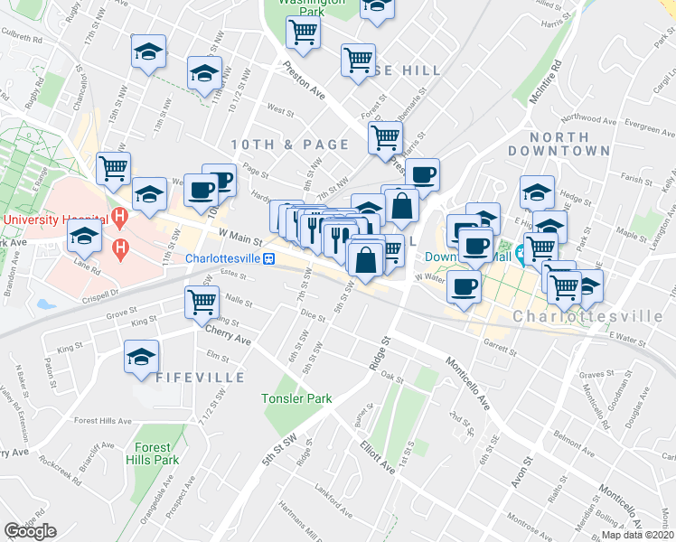 map of restaurants, bars, coffee shops, grocery stores, and more near 616 U.S. 250 Business in Charlottesville