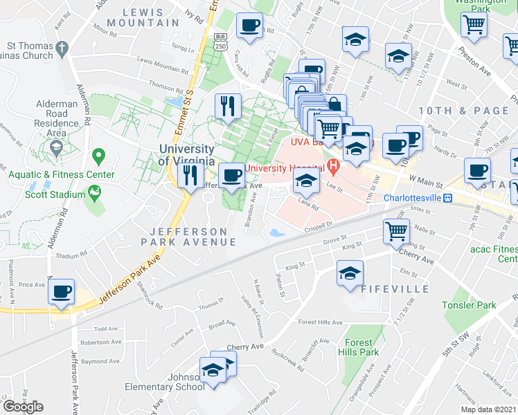 map of restaurants, bars, coffee shops, grocery stores, and more near 417 Brandon Avenue in Charlottesville