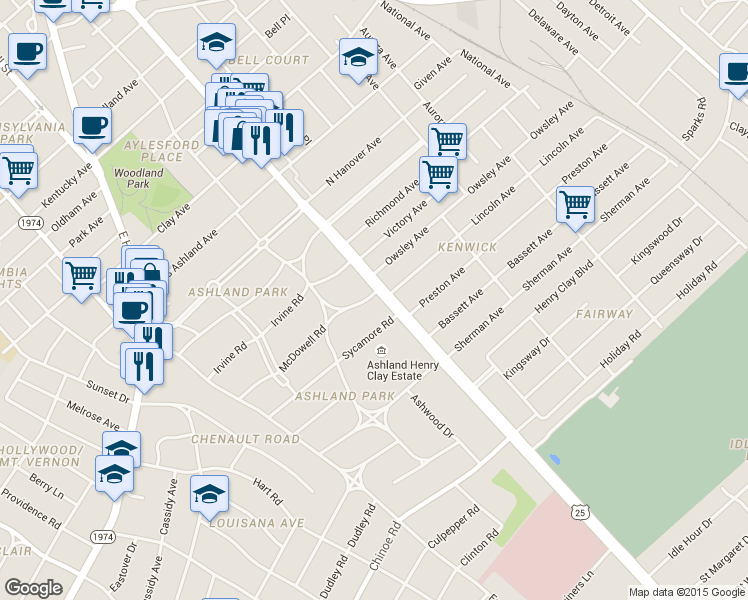 map of restaurants, bars, coffee shops, grocery stores, and more near 1306 Richmond Road in Lexington