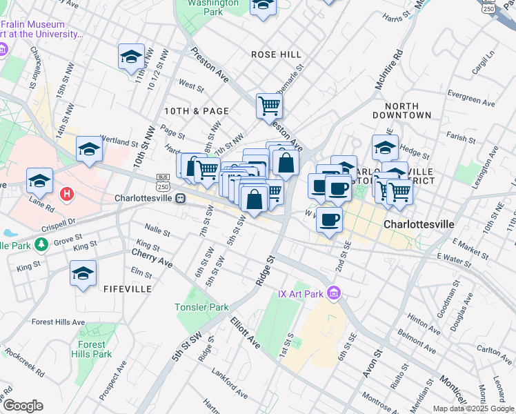 map of restaurants, bars, coffee shops, grocery stores, and more near in Charlottesville