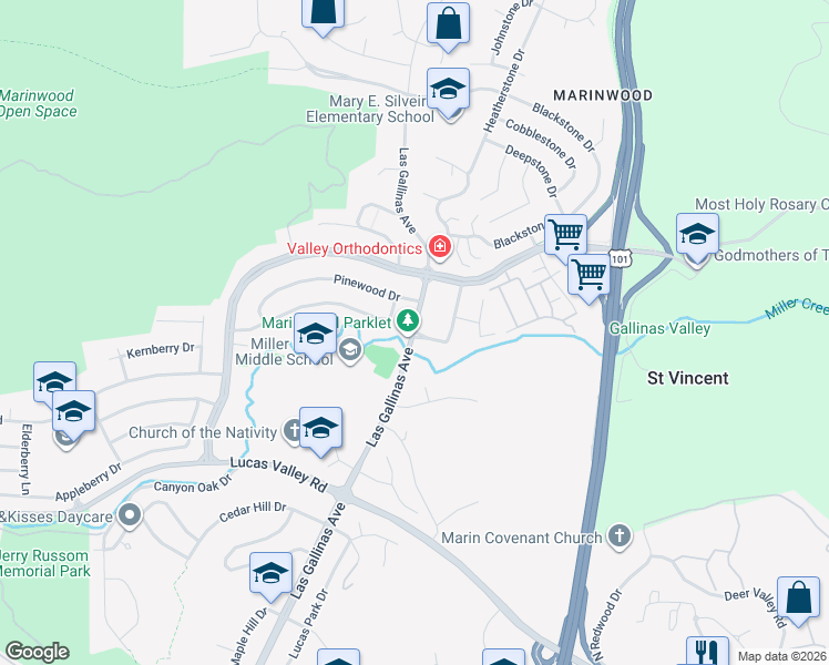 map of restaurants, bars, coffee shops, grocery stores, and more near Las Gallinas Ave & Roundtree Blvd in San Rafael