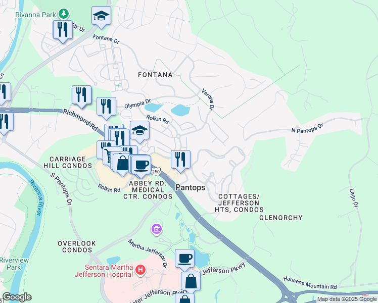 map of restaurants, bars, coffee shops, grocery stores, and more near 2140 Saranac Court in Charlottesville