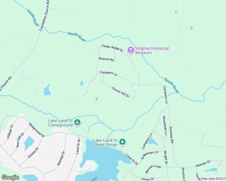 map of restaurants, bars, coffee shops, grocery stores, and more near 627 Clover Hill Drive in Ruther Glen