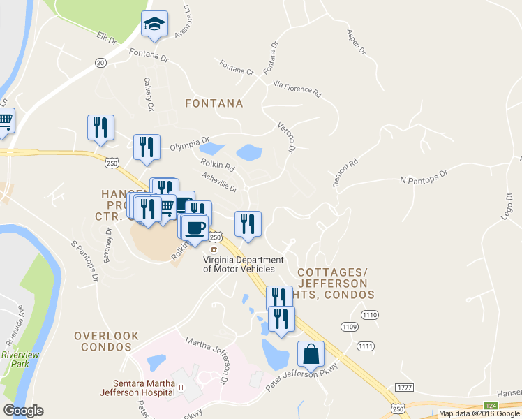 map of restaurants, bars, coffee shops, grocery stores, and more near 2140 Saranac Court in Charlottesville