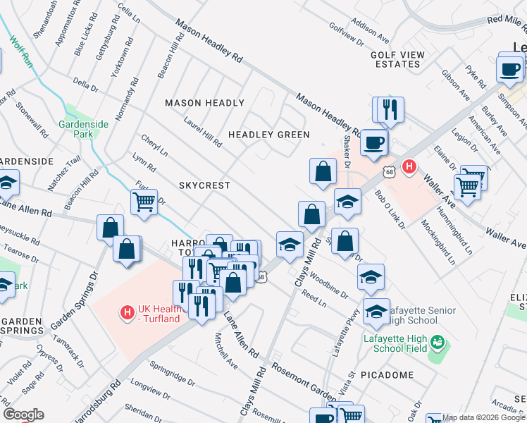 map of restaurants, bars, coffee shops, grocery stores, and more near 742 Della Drive in Lexington
