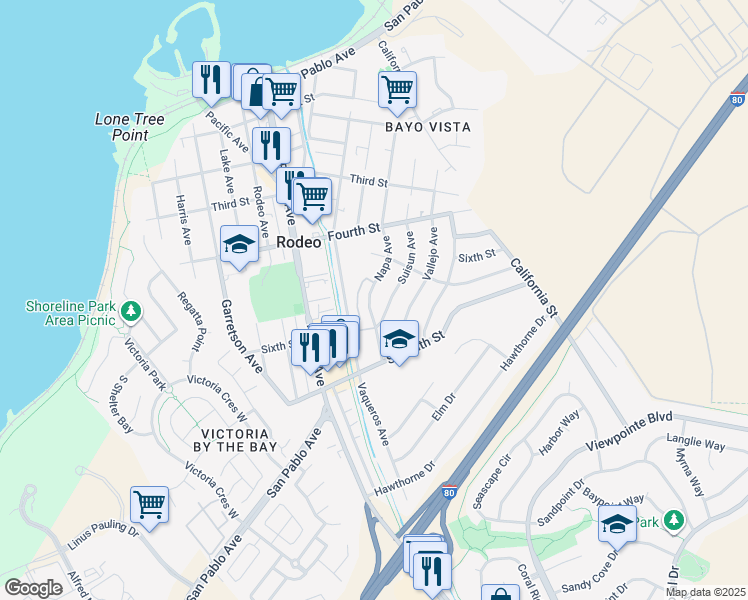 map of restaurants, bars, coffee shops, grocery stores, and more near 535 Napa Avenue in Rodeo