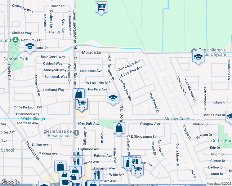 map of restaurants, bars, coffee shops, grocery stores, and more near 8817 North El Dorado Street in Stockton
