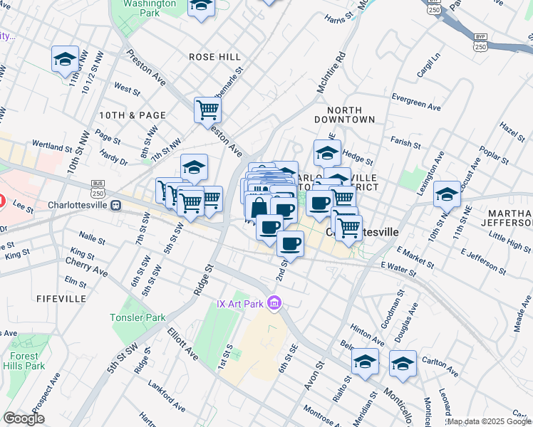 map of restaurants, bars, coffee shops, grocery stores, and more near 218 West Main Street in Charlottesville