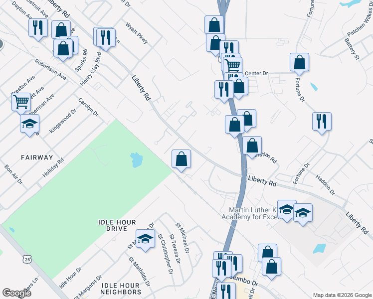 map of restaurants, bars, coffee shops, grocery stores, and more near 1878 Liberty Road in Lexington