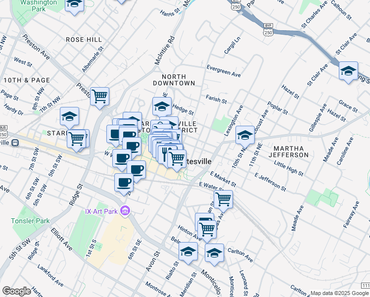 map of restaurants, bars, coffee shops, grocery stores, and more near 222 6th Street Northeast in Charlottesville