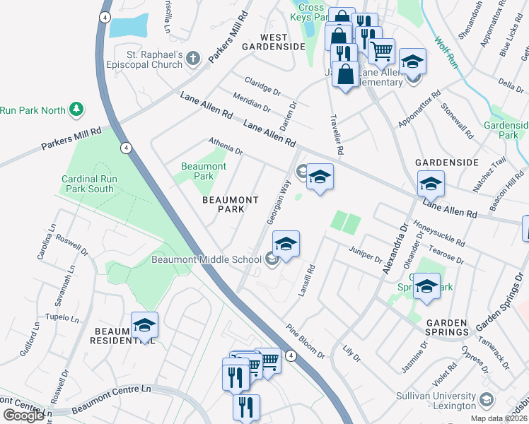 map of restaurants, bars, coffee shops, grocery stores, and more near 2087 Georgian Way in Lexington