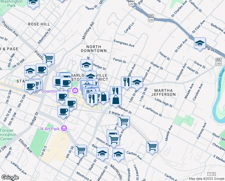 map of restaurants, bars, coffee shops, grocery stores, and more near 801 East Jefferson Street in Charlottesville