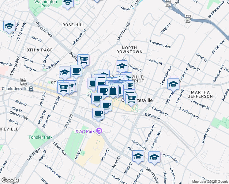 map of restaurants, bars, coffee shops, grocery stores, and more near 206 East Market Street in Charlottesville