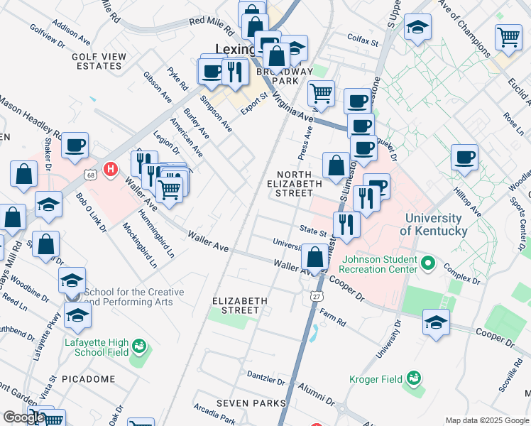 map of restaurants, bars, coffee shops, grocery stores, and more near 219 State Street in Lexington