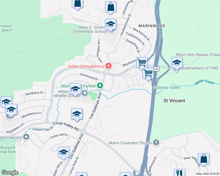 map of restaurants, bars, coffee shops, grocery stores, and more near 61 Roundtree Boulevard in San Rafael