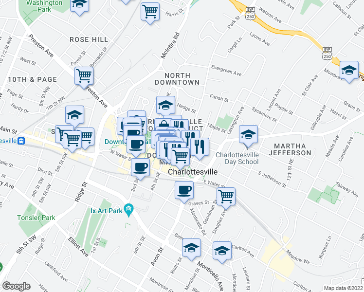 map of restaurants, bars, coffee shops, grocery stores, and more near 222 6th Street Northeast in Charlottesville