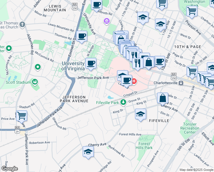 map of restaurants, bars, coffee shops, grocery stores, and more near 416-428 Monroe Lane in Charlottesville