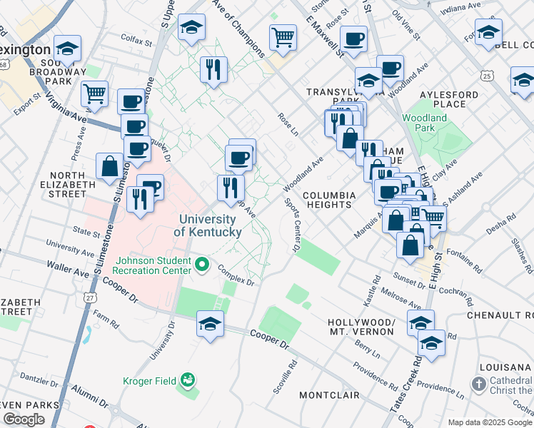 map of restaurants, bars, coffee shops, grocery stores, and more near in Lexington