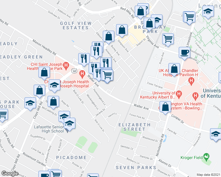 map of restaurants, bars, coffee shops, grocery stores, and more near 1349 Royalty Court in Lexington
