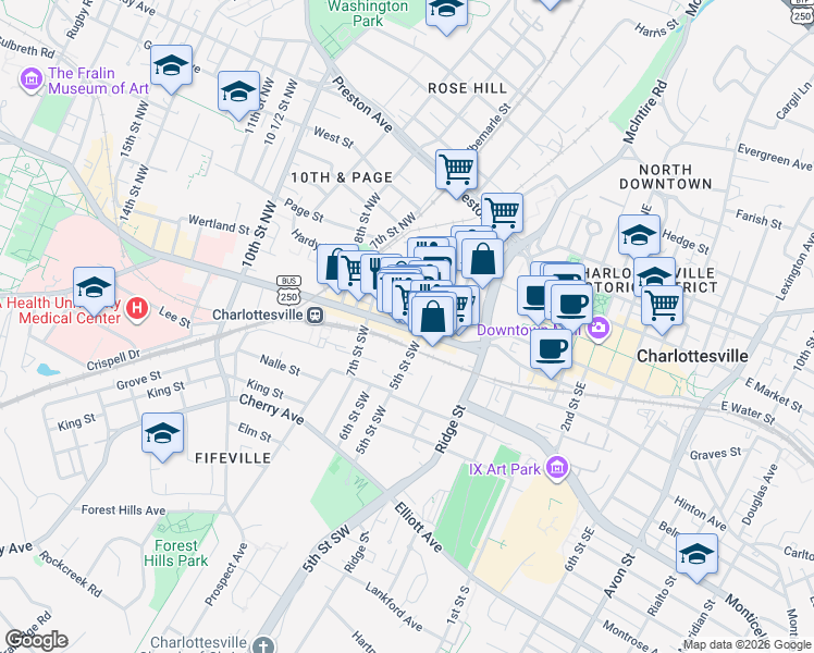 map of restaurants, bars, coffee shops, grocery stores, and more near  in Charlottesville
