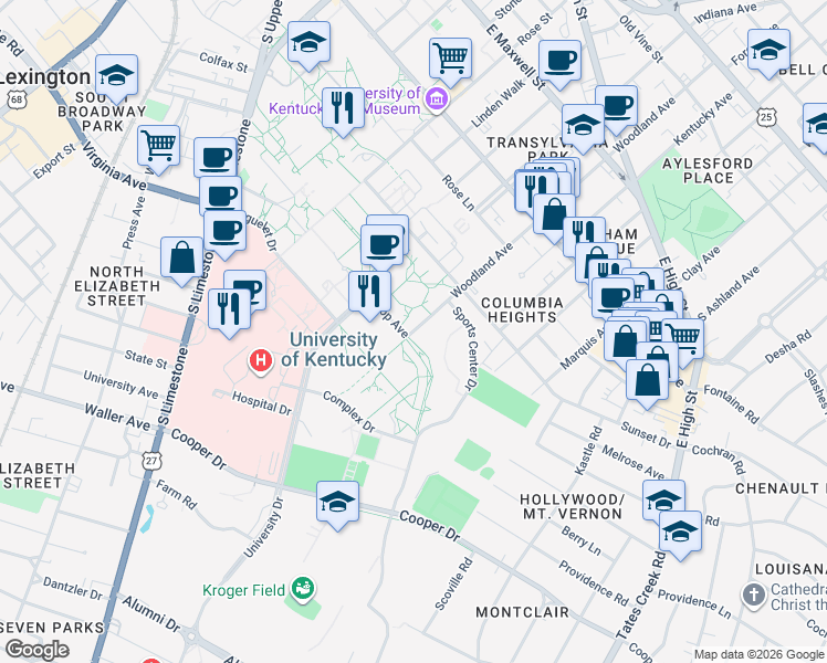 map of restaurants, bars, coffee shops, grocery stores, and more near in Lexington