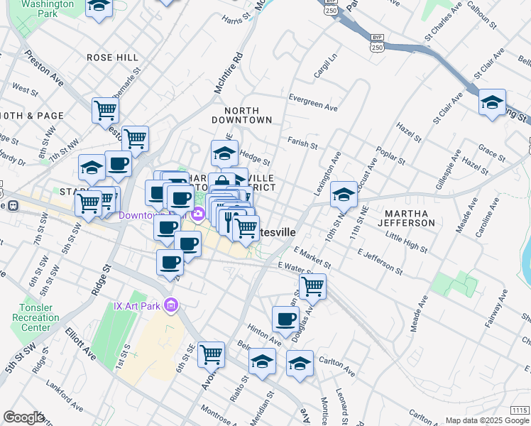 map of restaurants, bars, coffee shops, grocery stores, and more near 222 6th Street Northeast in Charlottesville