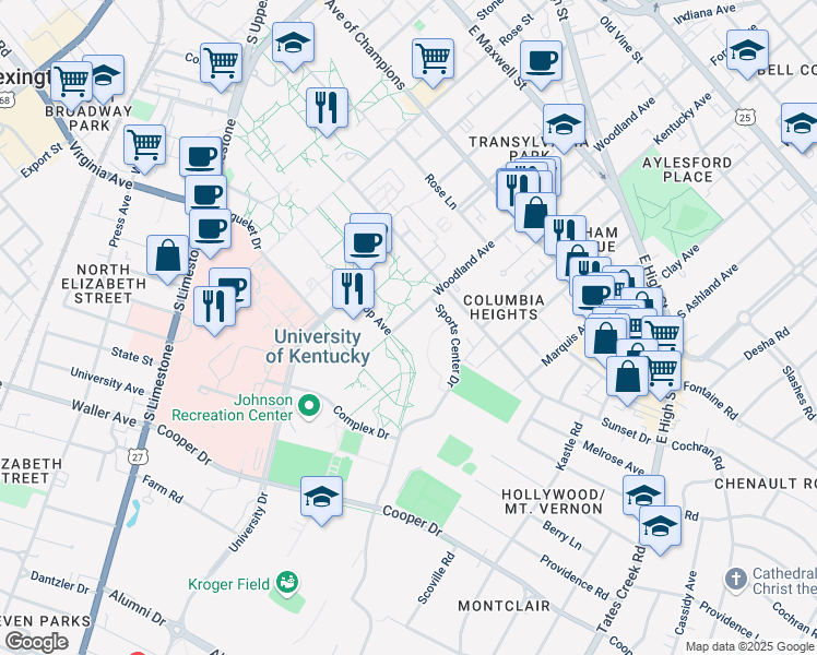 map of restaurants, bars, coffee shops, grocery stores, and more near 720 Woodland Avenue in Lexington