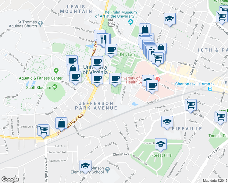 map of restaurants, bars, coffee shops, grocery stores, and more near 405 Valley Road in Charlottesville