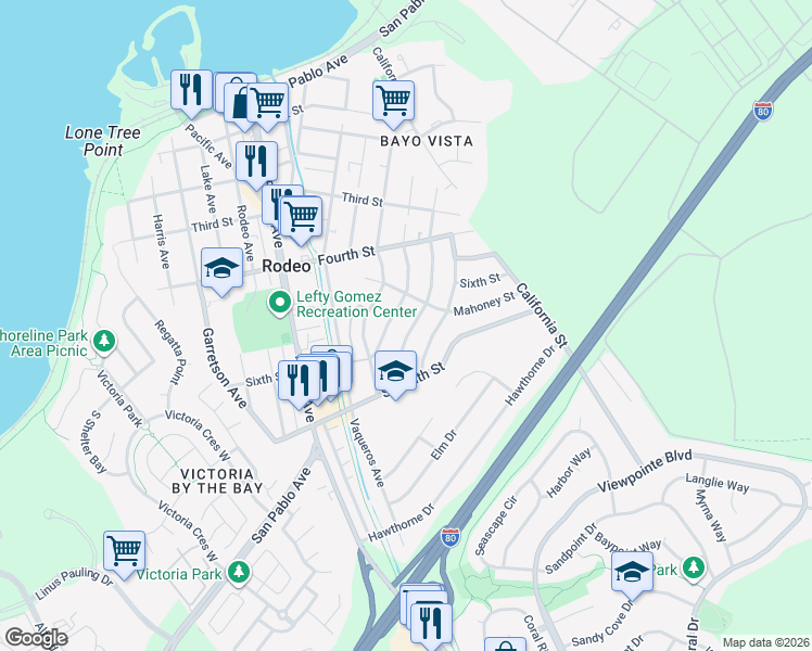 map of restaurants, bars, coffee shops, grocery stores, and more near 524 Vallejo Avenue in Rodeo