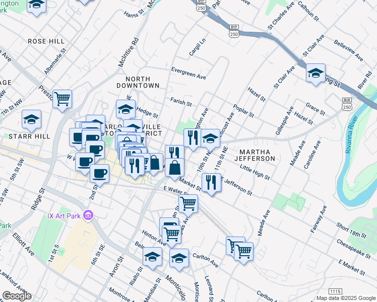 map of restaurants, bars, coffee shops, grocery stores, and more near 820 East High Street in Charlottesville