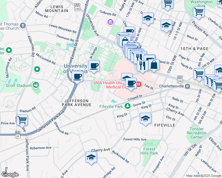 map of restaurants, bars, coffee shops, grocery stores, and more near 428 Monroe Lane in Charlottesville